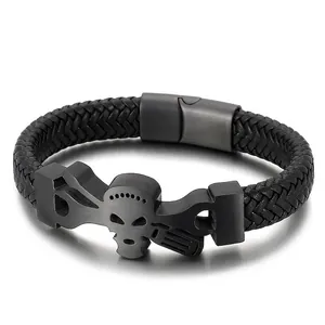 Men Bracelet Braided Cowhide Leather Stainless Steel Skull Punk Rock Biker Magnetic Clasp Gothic