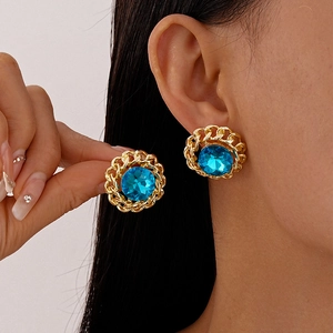 Vintage gold chain stud earrings with large round blue crystal stone for women