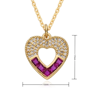 Detail showing 17mm by 15mm pink heart pendant with zircon and 14K gold plating