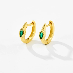 S925 sterling silver gold hoops with marquise-cut green zircon stones in pair