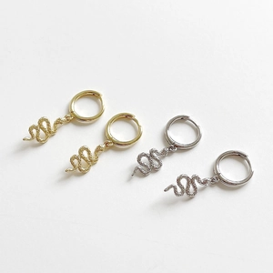 Elegant gold and silver S925 sterling silver irregular snake drop earrings on white background