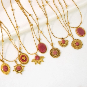 French vintage style 14K gold plated stainless steel necklace with pink rhodochrosite stones