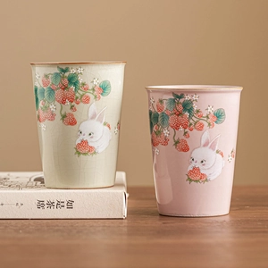 Ru-kiln ceramic strawberry rabbit teacups with crackle glaze in pink and beige