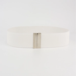Detail of a white elastic waist belt featuring a polished silver rectangular metal buckle