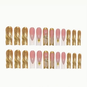 24pcs gold metallic ripple and rhinestone cross press-on nails set with french tips