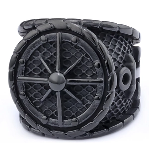 Men's black nautical ring with rudder compass design and anchor chain texture edges