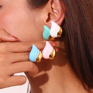 Chic 18K gold plated teardrop earrings with colorful enamel in mint, blue, and pink