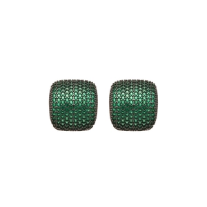 Vintage style square zircon stud earrings with green pavé stones and gunmetal finish