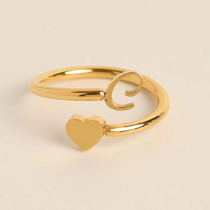 Adjustable gold plated stainless steel ring with 3D heart and letter C detail