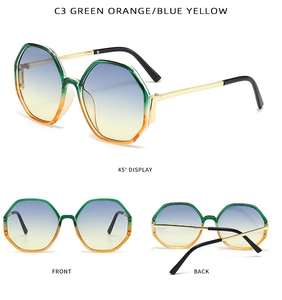 Tre angolazioni di occhiali da sole oversize ottagonali con montatura sfumata verde-arancio