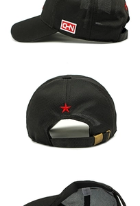Detail view of black mesh baseball cap showing CHN embroidery and metal strap buckle