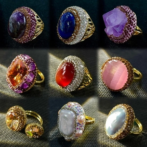 Vintage Cocktail Ring Copper Natural Gemstone Amethyst Adjustable Pave Rhinestone Bohemian For Women
