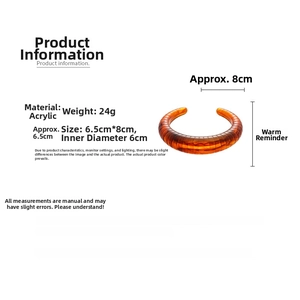 Detail specifications of amber acrylic bangle showing 24g weight and 8cm outer diameter