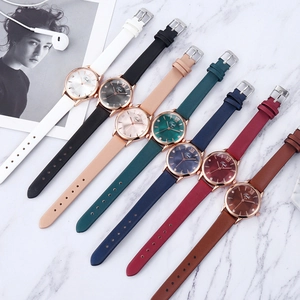 Elegant women's quartz watches featuring colorful leather straps and Roman numeral dials
