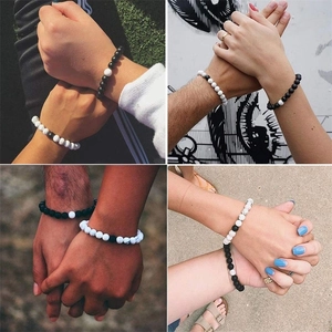 Natural stone magnetic couple bracelets with black matte and white marble beads