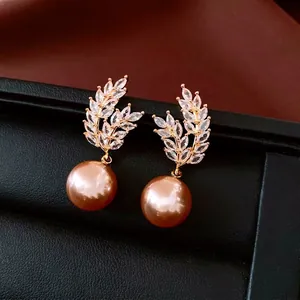 French vintage 18K gold plated wheat ear earrings with large champagne pearls