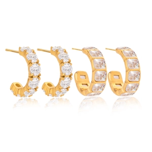 Luxurious gold plated titanium steel C-hoop earrings set with zircon stones on white base