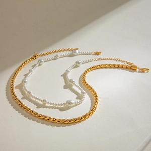 Double-layered gold stainless steel curb chain and baroque pearl necklace set for women