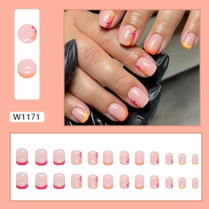 French floral press-on nails in purple and orange with short round shape W1171