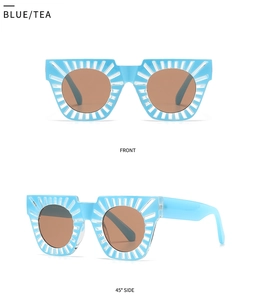 Front and 45-degree side views of sky blue square sunglasses with tea lenses