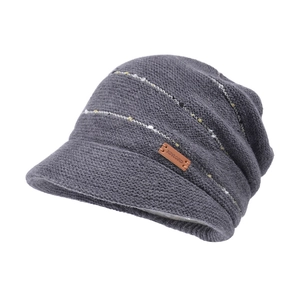Winter gray knit beanie with visor, fleece lining, and leather logo tag for warm headwear