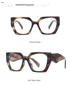Detailed front and 45-degree angle views of tortoiseshell patterned eyewear frames