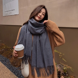 Detail view of a soft grey wool scarf with elegant tassel trim worn by a model outdoors