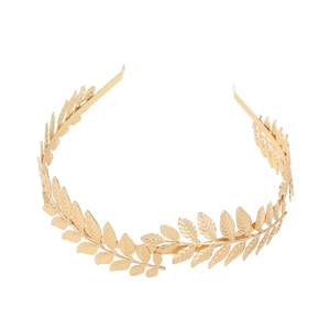 Elegant gold metal leaf crown headband with detailed laurel leaf design in vintage style