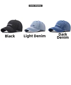 Détails des casquettes de baseball brodées en noir et différents coloris de denim délavé