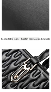Close-up of black handbag showing premium litchi texture and gold geometric buckle