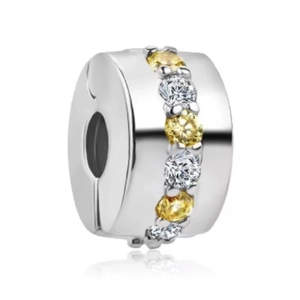 Silver bead charm with alternating yellow and clear stones for bracelets and necklaces