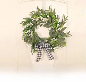Artificial wreath with white berries and plaid bow, 45cm diameter decorative door hanging