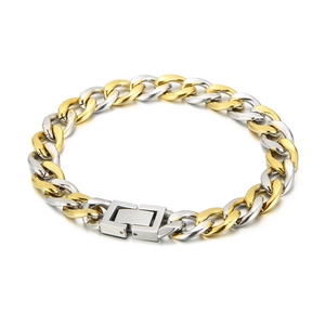 Detail of two-tone gold and silver Cuban link bracelet with secure square clasp for men