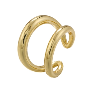 Detailed view of shiny gold double-ring ear cuff with a minimalist geometric design