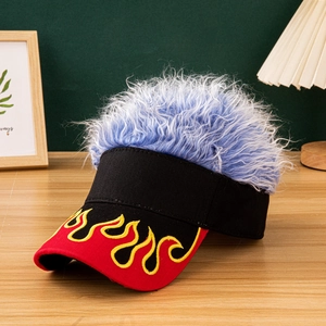 Creative black sun visor with red brim, flame embroidery and blue fuzzy hair wig top