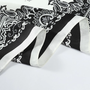 Elegant 70cm black and white paisley silk-like satin square scarf with floral pattern