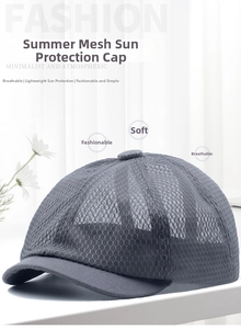 Detail of grey sun protection flat cap featuring breathable hollow mesh fabric