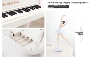 Detail of white mini piano music box showing rotating ballerina and battery compartment