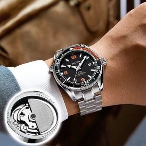 Men's automatic mechanical diving watch with steel strap and back movement detail