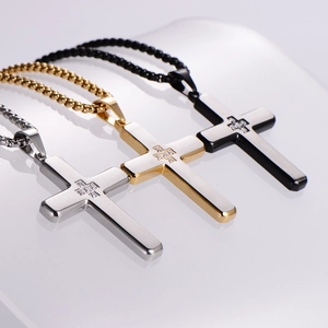 Three-color stainless steel cross pendant necklaces with zircon crystals on box chains
