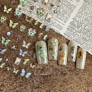 Japanese style retro butterfly nail art stickers with vintage green and gold patterns