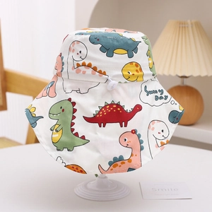 Detailed view of children sun hat with colorful dinosaur print and neck protection flap