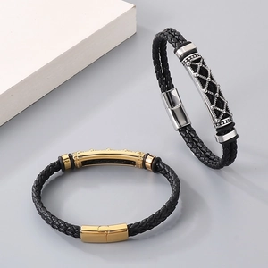 Men's double-layer braided leather bracelet with hollow mesh pattern magnetic clasp