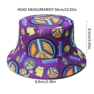 Detailed size specifications for bucket hat with peace sign and cartoon prints