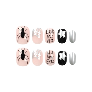 Halloween short press-on nails with pink and black gothic spider web designs