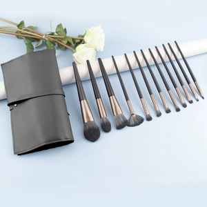 12pcs professional makeup brush set with synthetic bristles and gray leather travel pouch