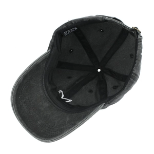 Inside view of vintage grey washed cotton baseball cap with adjustable metal buckle strap