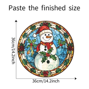 Detailed view of a 14.2-inch circular Christmas snowman window sticker with dimensions