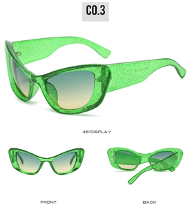 Detailed views of green glitter cat eye sunglasses with gradient lenses from multiple angles