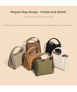 Close-up of premium leather bucket bags in multiple colors with high-quality metal hardware